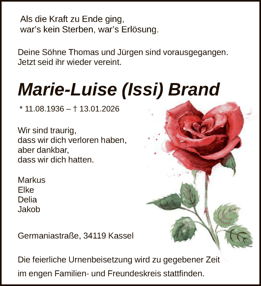  Traueranzeige für Marie-Luise Brand vom 17.01.2026 aus HNA