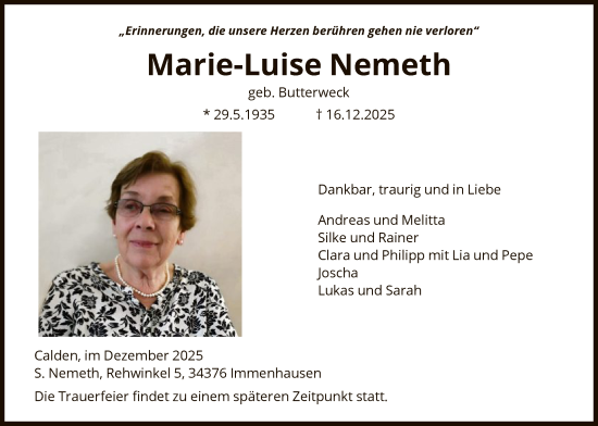 Traueranzeige von Marie-Luise Nemeth von HNAHN