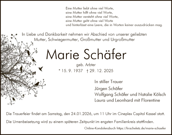 Traueranzeige von Marie Schäfer von HNA