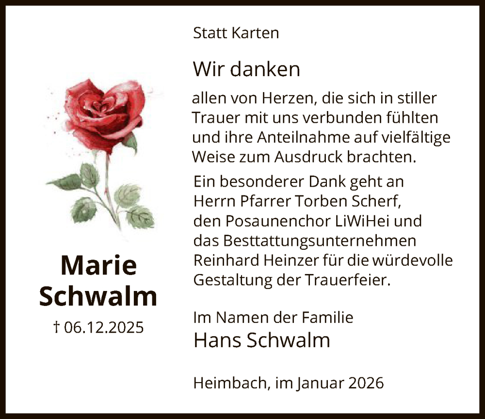  Traueranzeige für Marie Schwalm vom 17.01.2026 aus HNA