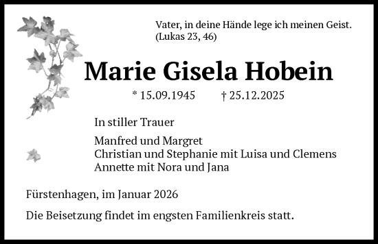 Traueranzeige von Marie Gisela Hobein von HNA
