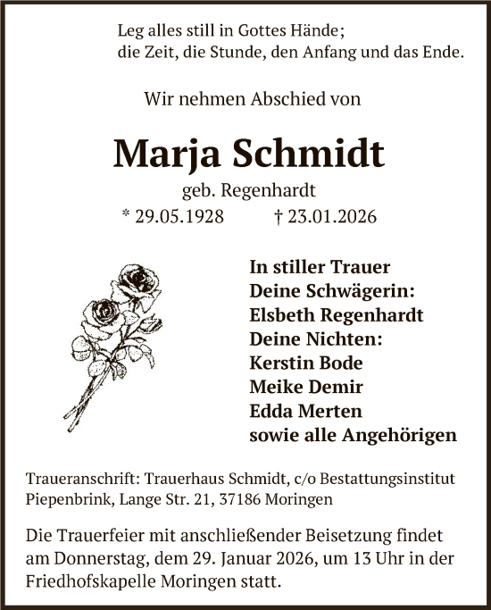 Traueranzeige von Marja Schmidt von HNA