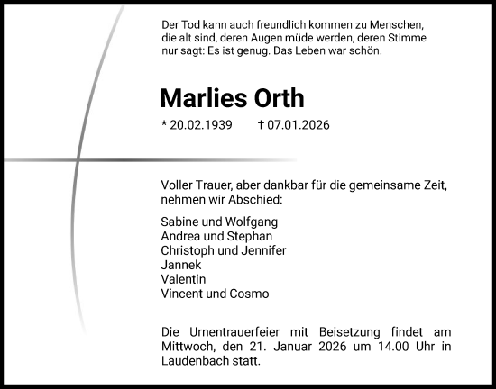 Traueranzeige von Marlies Orth von HNA