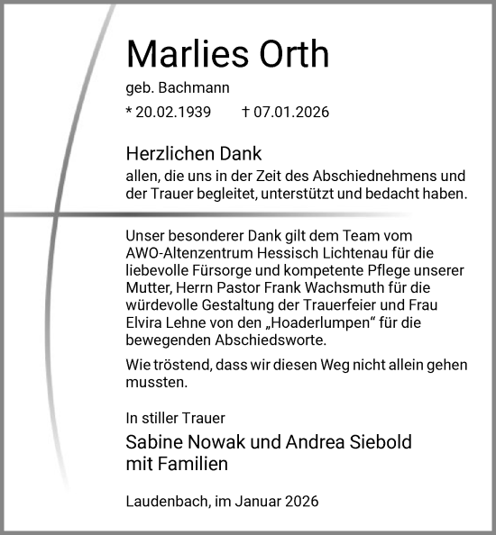 Traueranzeige von Marlies Orth von HNA