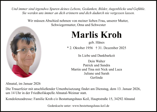 Traueranzeige von Marlis Kroh von HNA