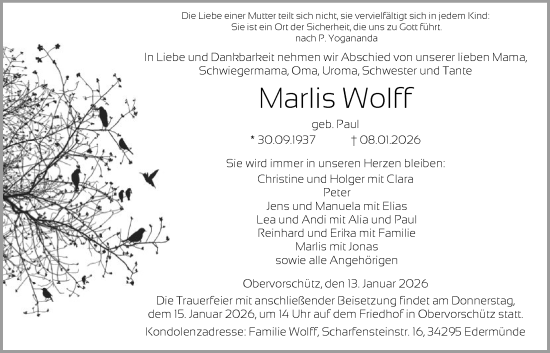Traueranzeige von Marlis Wolff von HNA