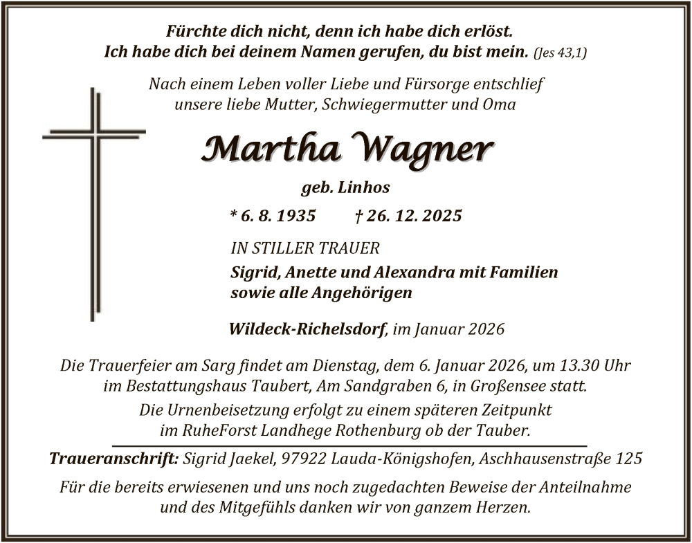  Traueranzeige für Martha Wagner vom 03.01.2026 aus HNA