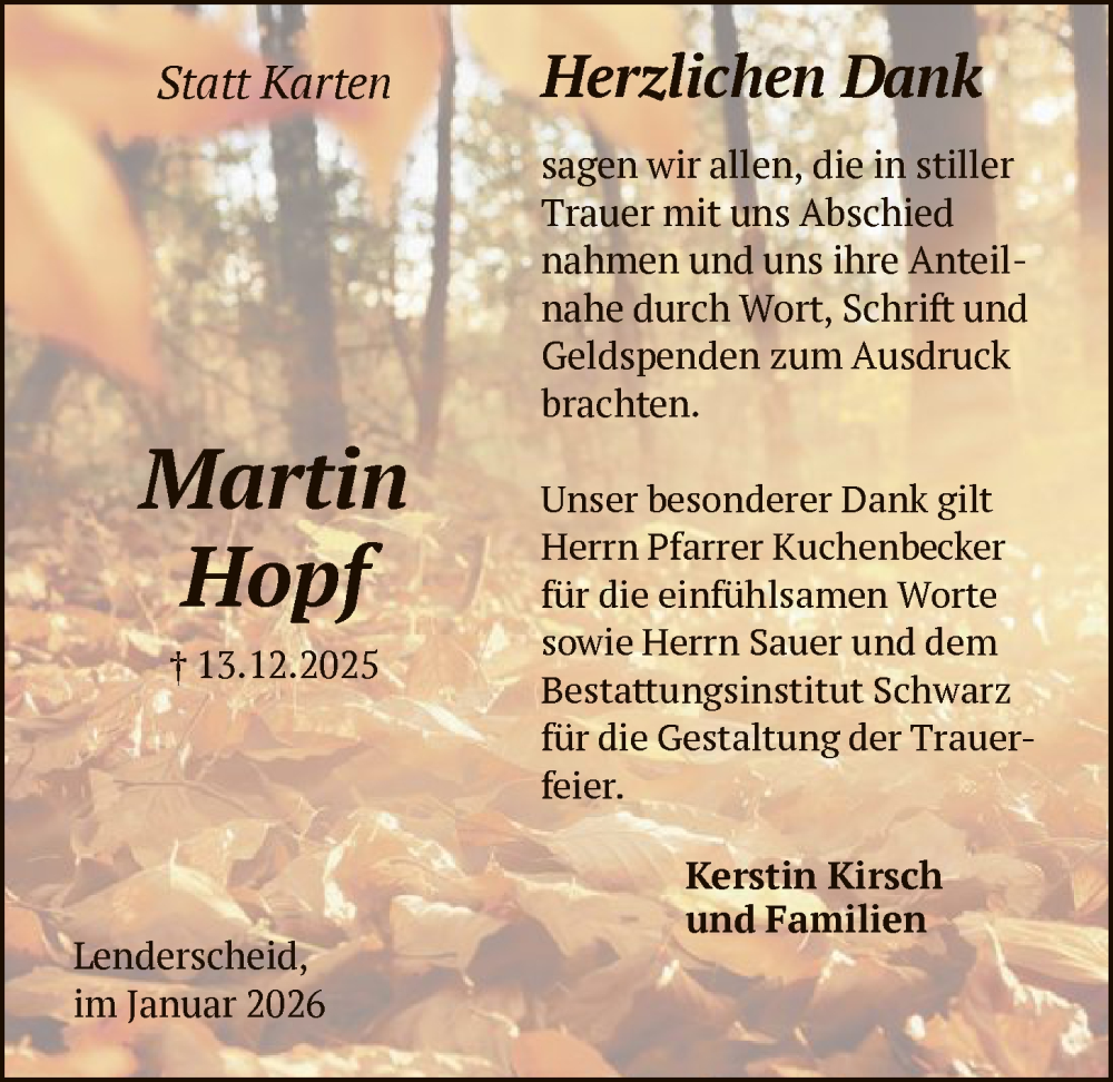 Traueranzeige für Martin Hopf vom 10.01.2026 aus HNA