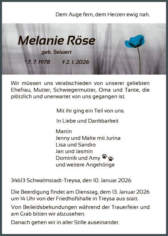Traueranzeige von Melanie Röse von HNA