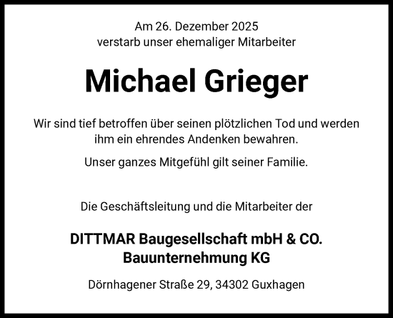 Traueranzeige von Michael Grieger von HNA