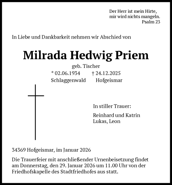 Traueranzeige von Milrada Hedwig Priem von HNA