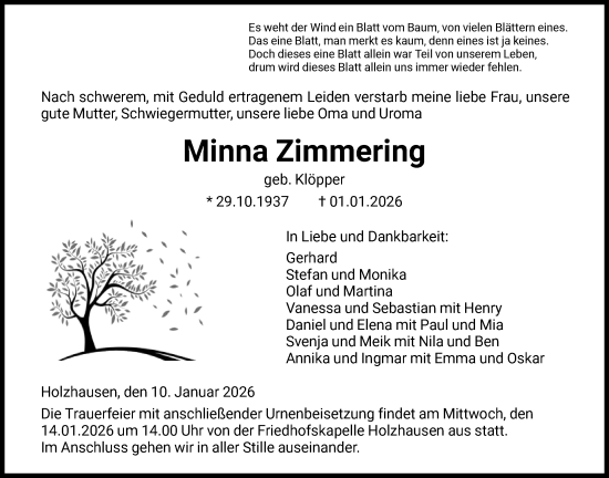 Traueranzeige von Minna Zimmering von HNA