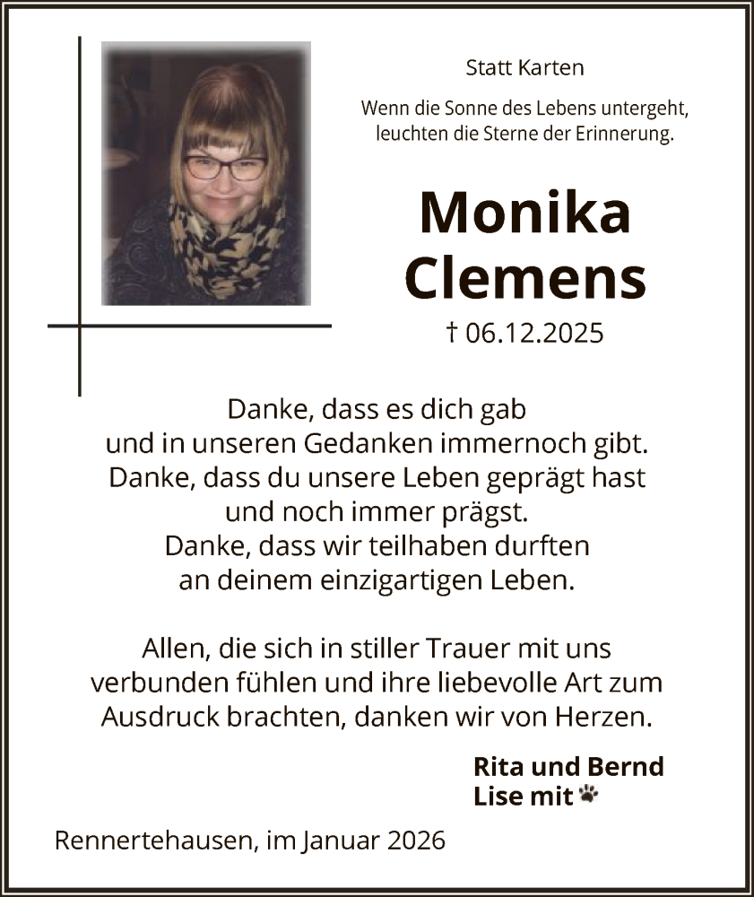  Traueranzeige für Monika Clemens vom 17.01.2026 aus HNA