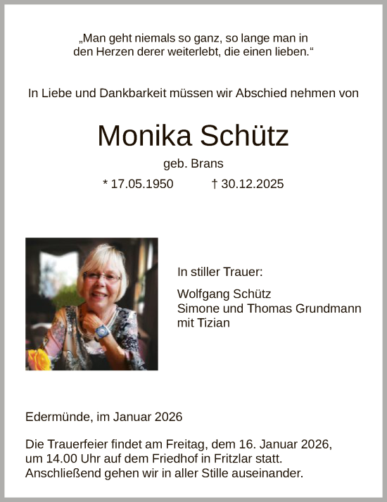 Traueranzeige von Monika Schütz von HNA