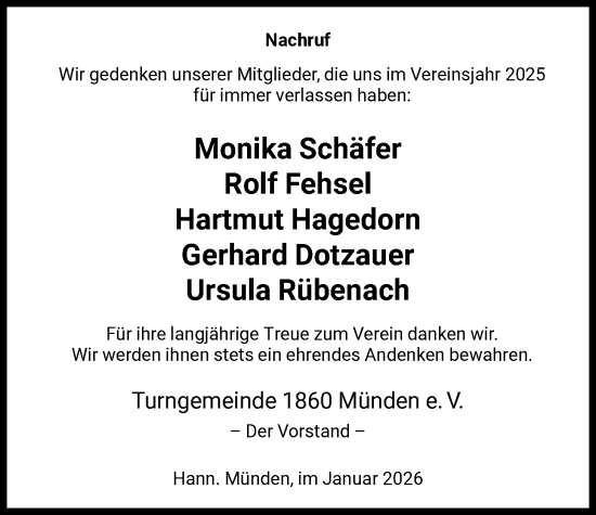 Traueranzeige von Nachruf der Turngemeinde 1860 Münden e. V. 2025 von HNA