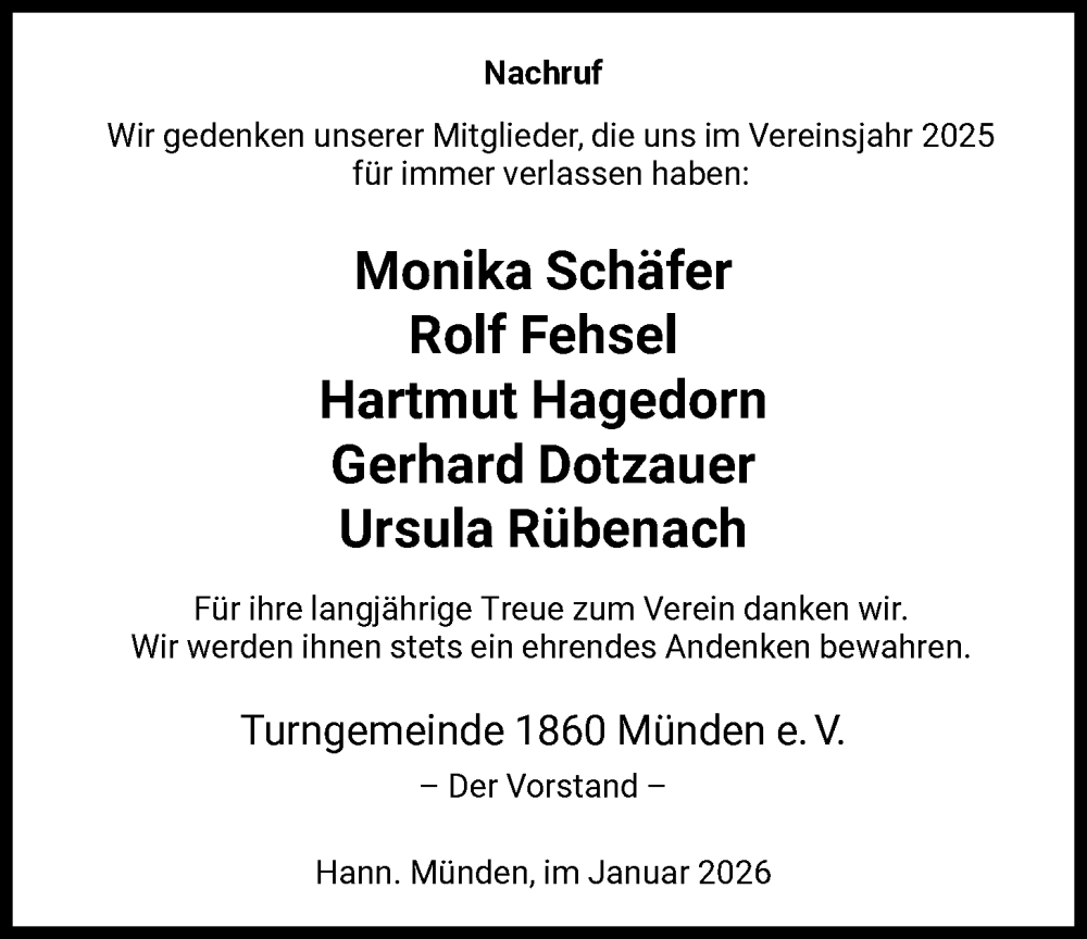  Traueranzeige für Nachruf der Turngemeinde 1860 Münden e. V. 2025 vom 03.01.2026 aus HNA