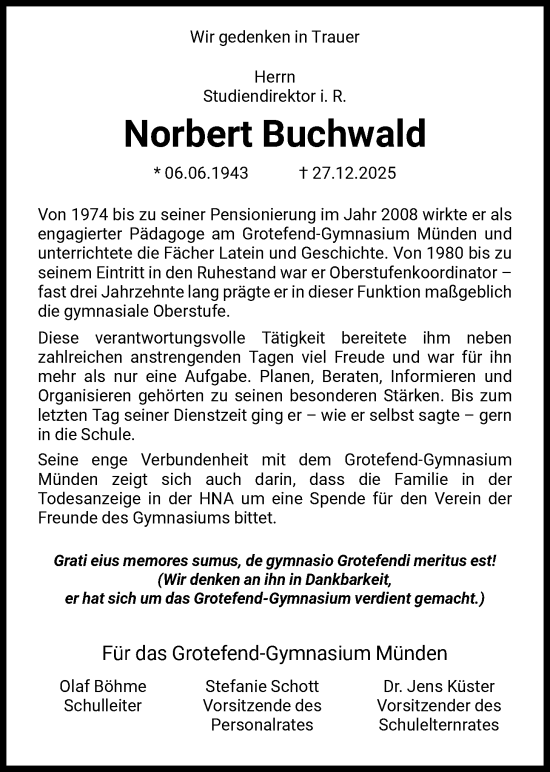 Traueranzeige von Norbert Buchwald von HNA