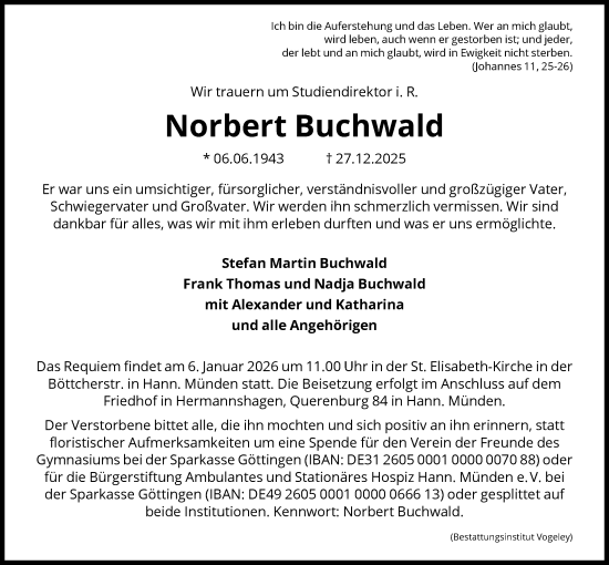 Traueranzeige von Norbert Buchwald von HNA