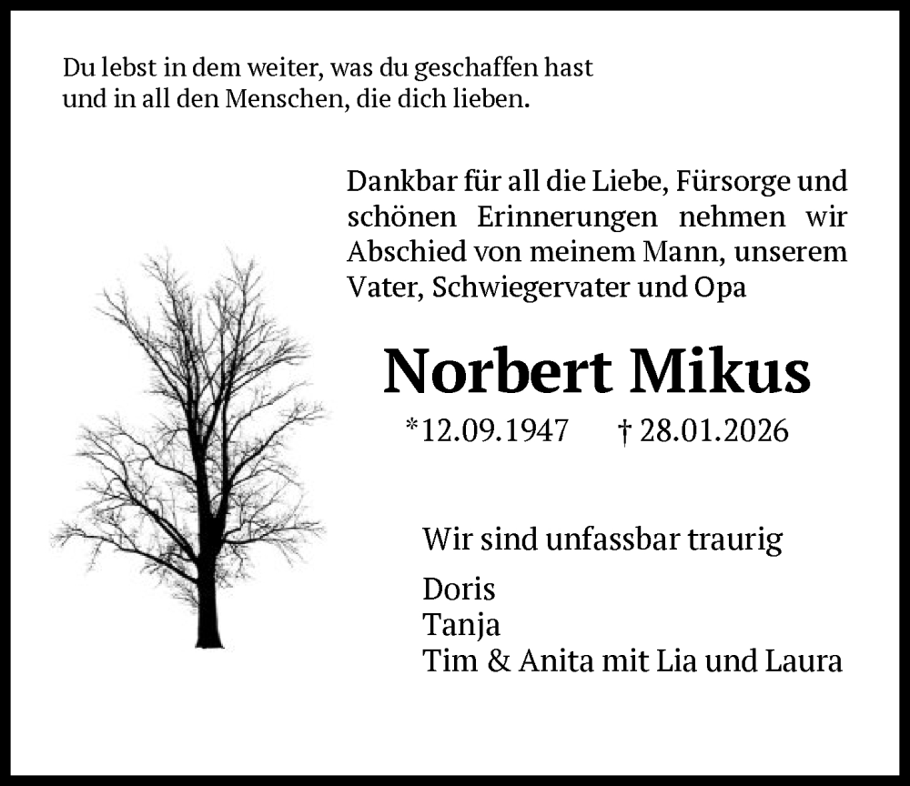  Traueranzeige für Norbert Mikus vom 31.01.2026 aus HNA