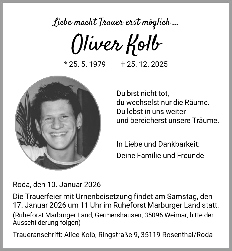  Traueranzeige für Oliver Kolb vom 10.01.2026 aus HNA