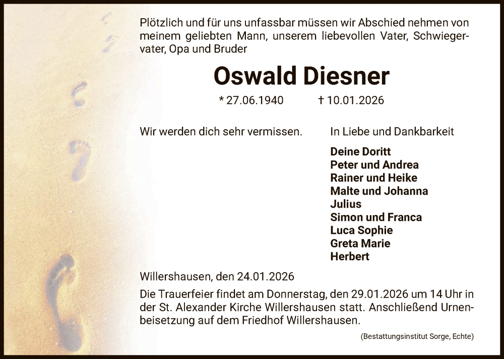  Traueranzeige für Oswald Diesner vom 24.01.2026 aus HNA
