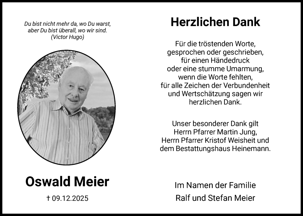  Traueranzeige für Oswald Meier vom 10.01.2026 aus HNA