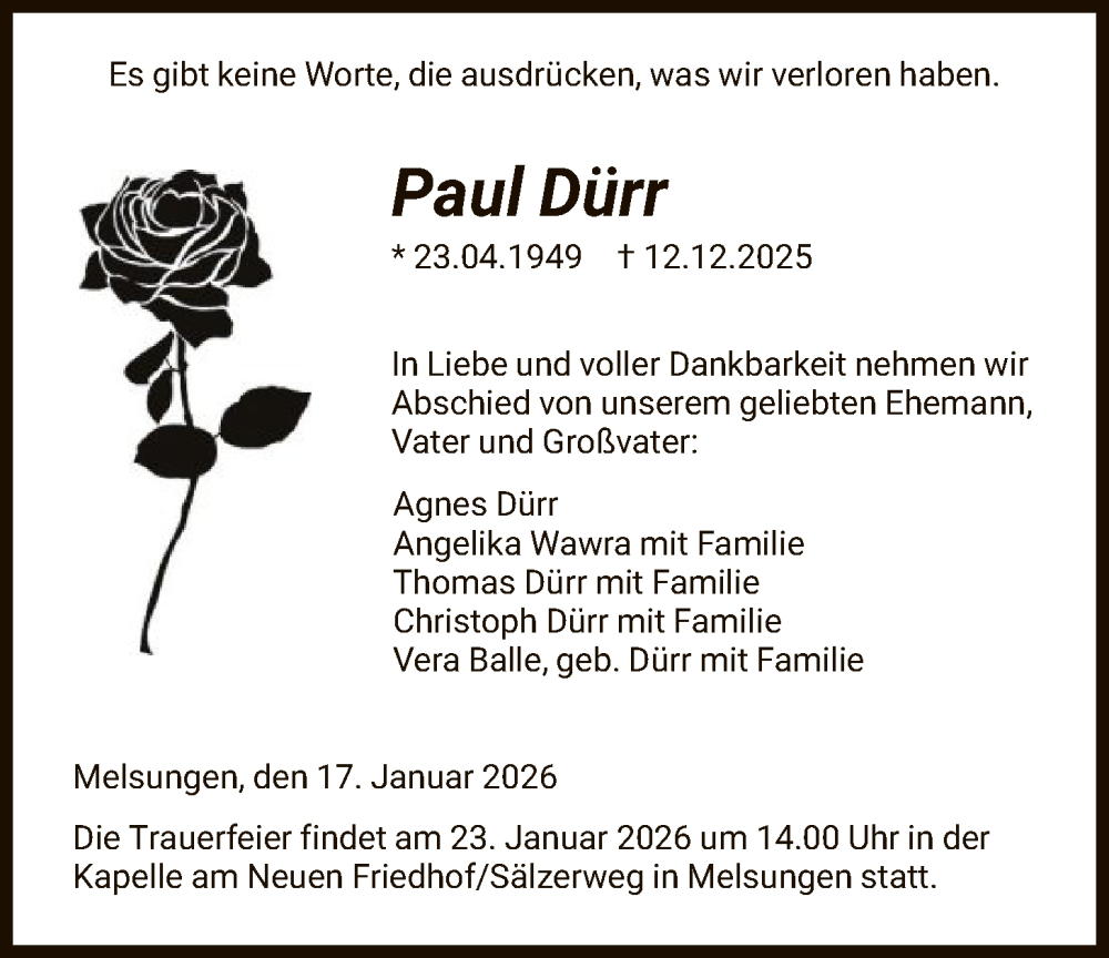  Traueranzeige für Paul Dürr vom 17.01.2026 aus HNA