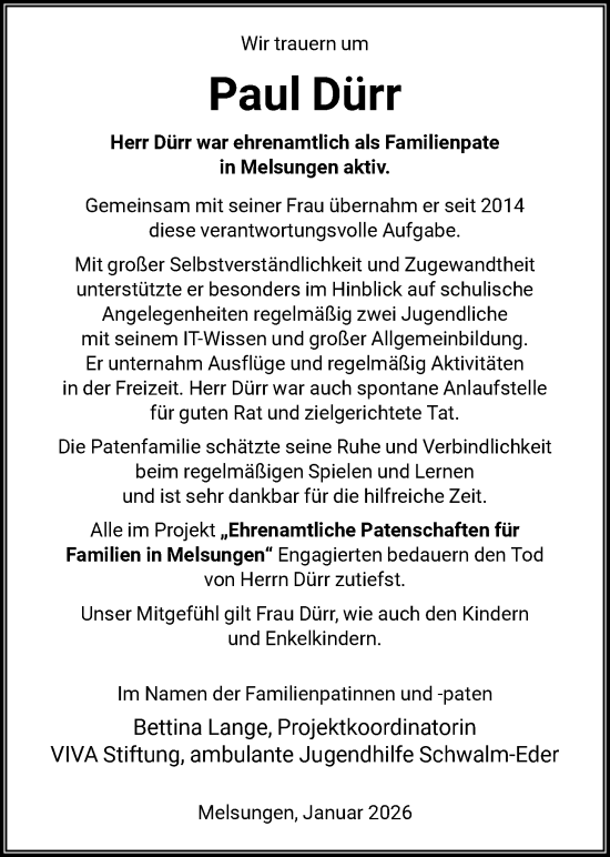 Traueranzeige von Paul Dürr von HNA