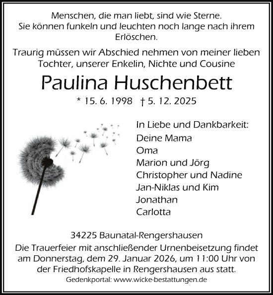 Traueranzeige von Paulina Huschenbett von HNA
