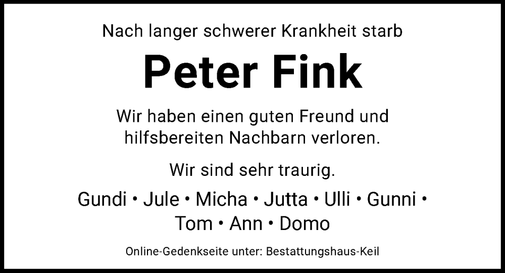  Traueranzeige für Peter Fink vom 24.01.2026 aus HNAHNA