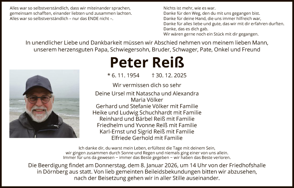  Traueranzeige für Peter Reiß vom 06.01.2026 aus HNA