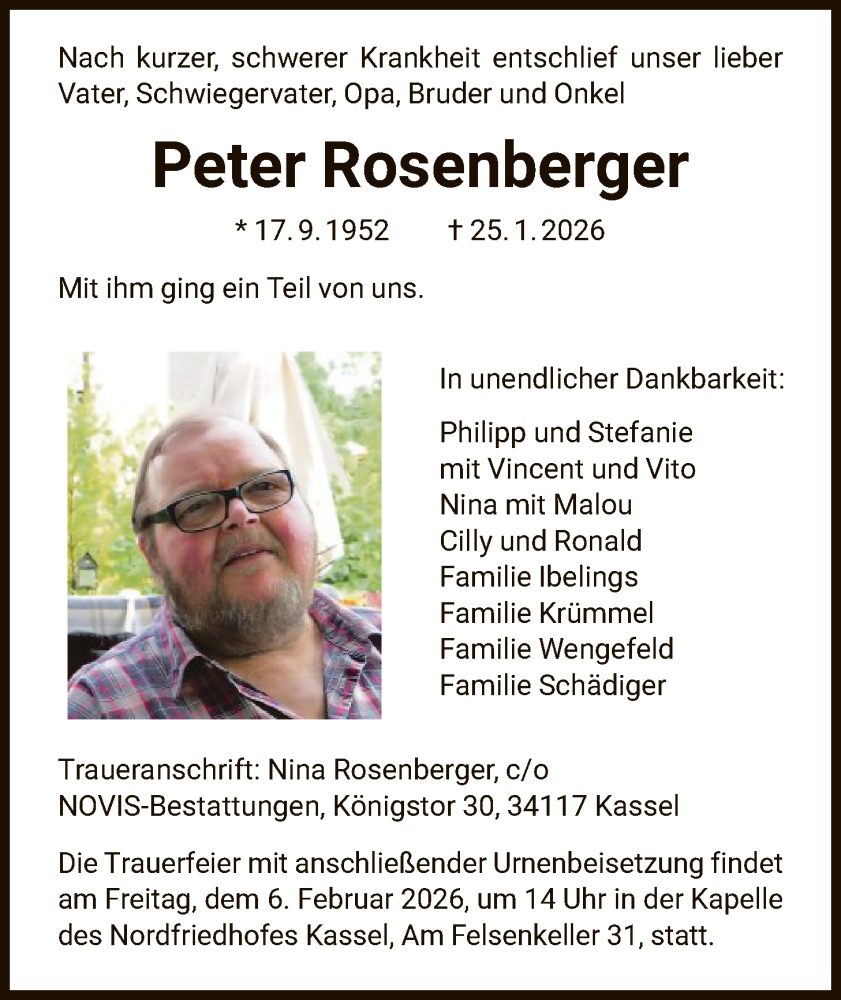  Traueranzeige für Peter Rosenberger vom 31.01.2026 aus HNA