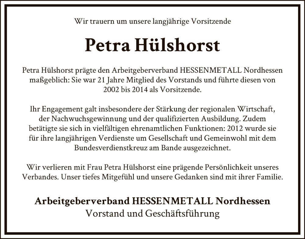  Traueranzeige für Petra Hülshorst vom 31.01.2026 aus HNAHNA