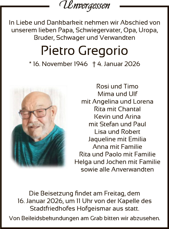 Traueranzeige von Pietro Gregorio von HNA