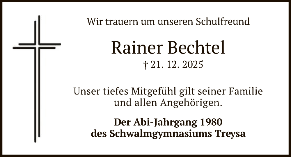  Traueranzeige für Rainer Bechtel vom 03.01.2026 aus HNA