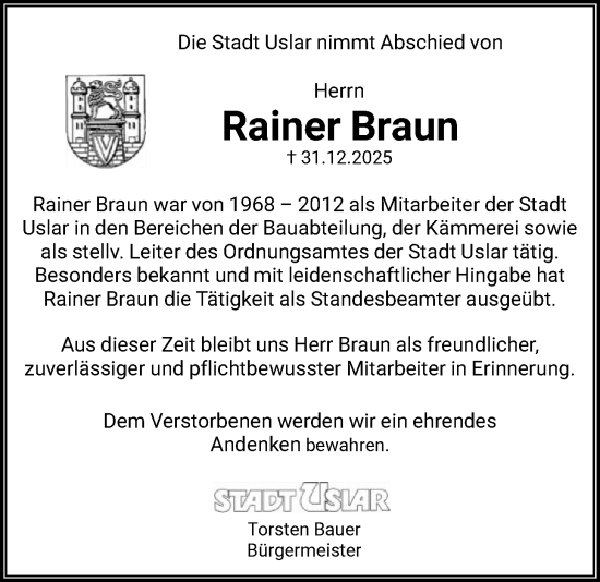 Traueranzeige von Rainer Braun von HNA