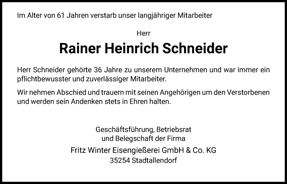  Traueranzeige für Rainer Heinrich Schneider vom 07.01.2026 aus HNA