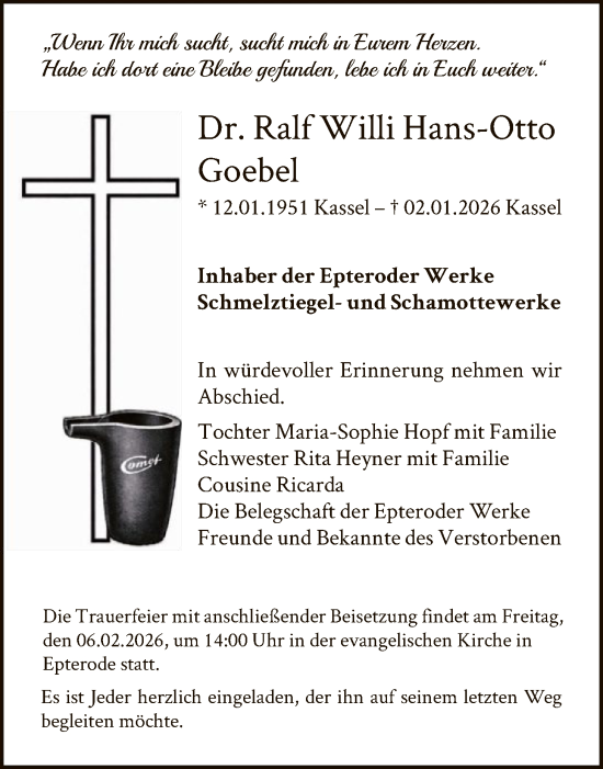 Traueranzeige von Ralf Willi Hans-Otto Goebel von HNA