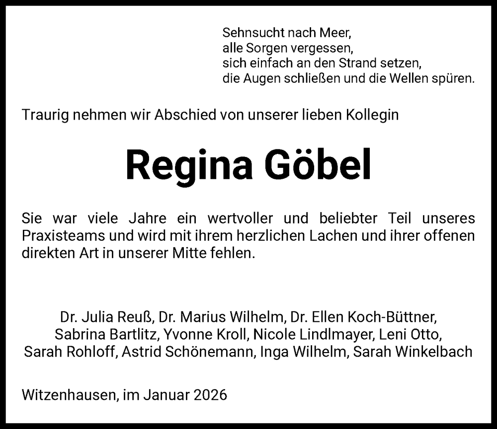  Traueranzeige für Regina Göbel vom 31.01.2026 aus HNA