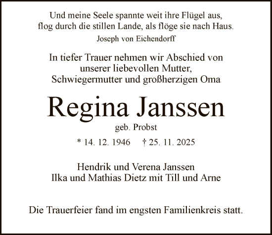 Traueranzeige von Regina Janssen von HNA