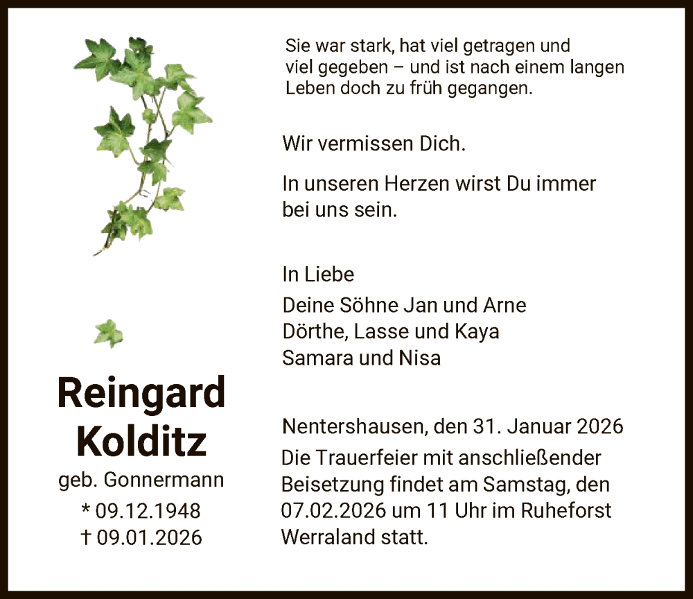  Traueranzeige für Reingard Kolditz vom 31.01.2026 aus HNA
