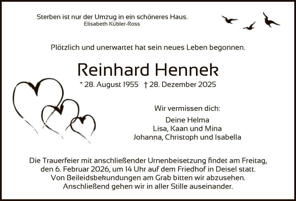  Traueranzeige für Reinhard Hennek vom 31.01.2026 aus HNHNA