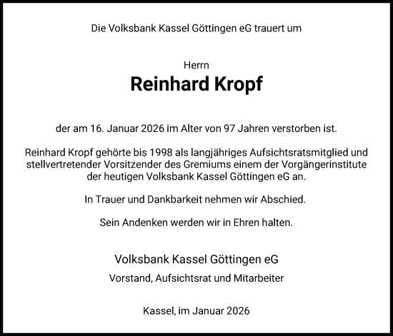 Traueranzeige von Reinhard Kropf von HNA