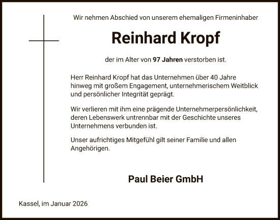 Traueranzeige von Reinhard Kropf von HNA