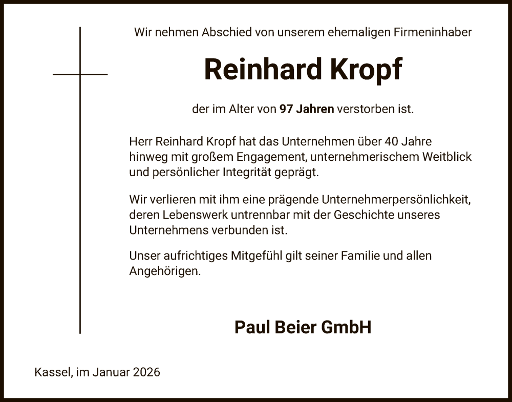  Traueranzeige für Reinhard Kropf vom 24.01.2026 aus HNA