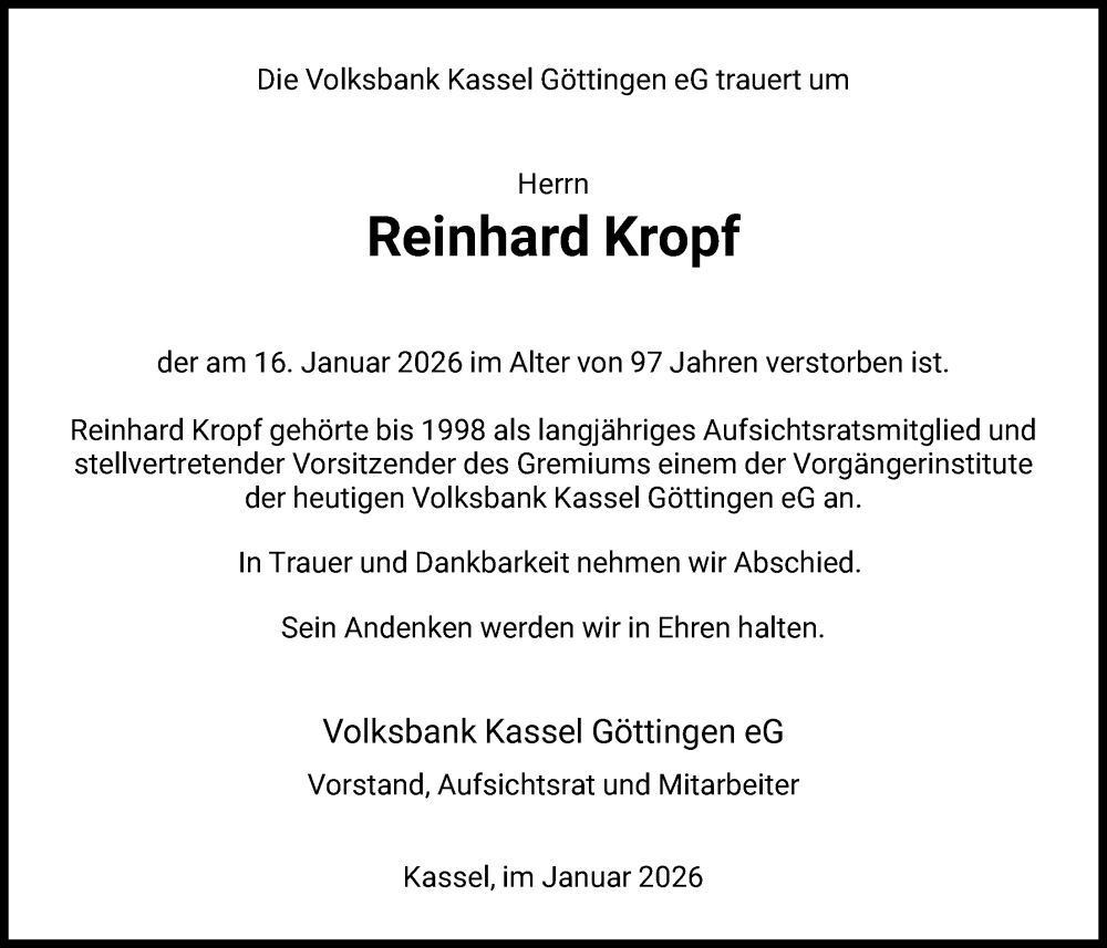  Traueranzeige für Reinhard Kropf vom 31.01.2026 aus HNA