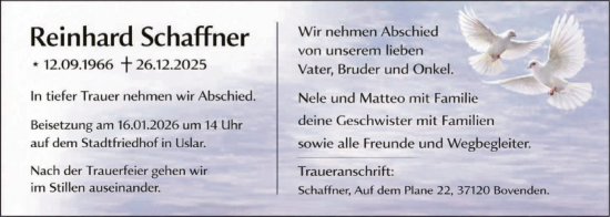 Traueranzeige von Reinhard Schaffner von HNA
