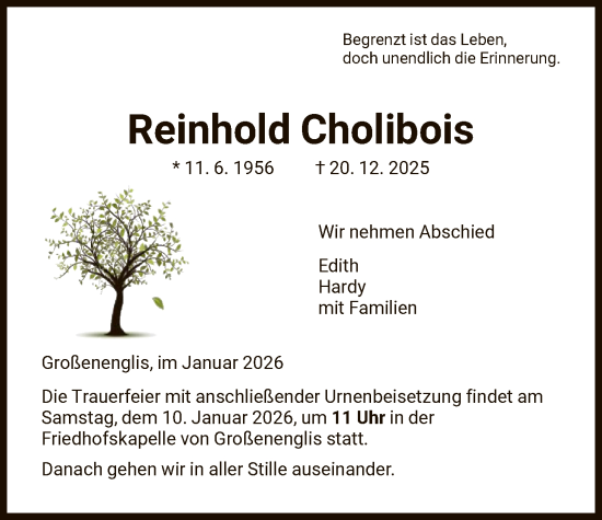 Traueranzeige von Reinhold Cholibois von HNA