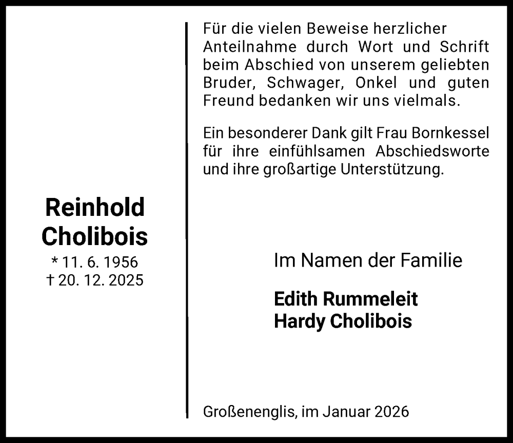  Traueranzeige für Reinhold Cholibois vom 31.01.2026 aus HNA