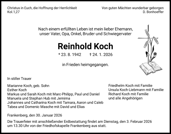 Traueranzeige von Reinhold Koch von HNA